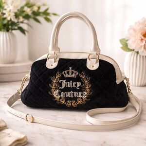 Juicy Couture Royal Couture Quilted Satchel Black/Cream Designer Handbag Purse